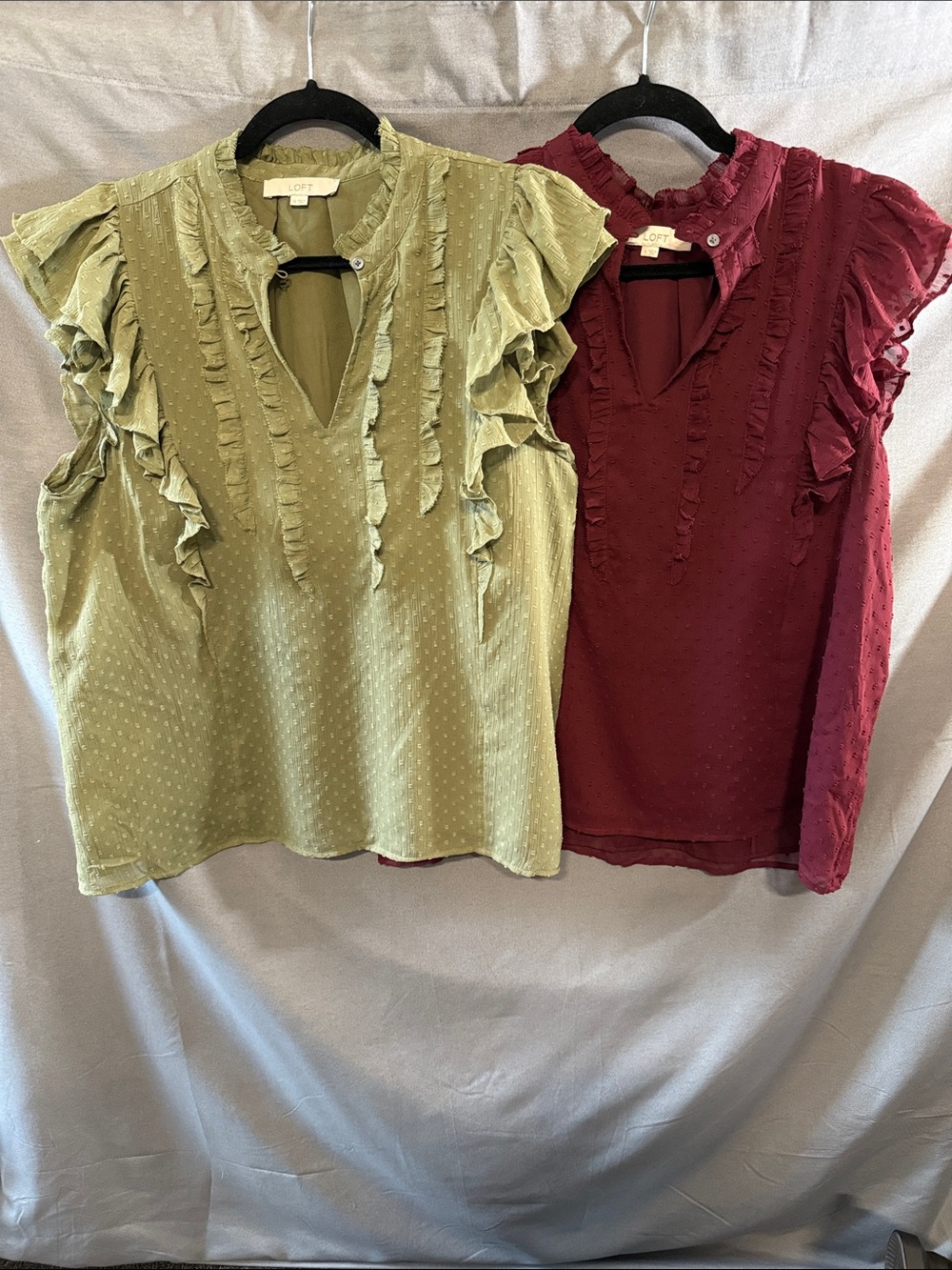LOFT Ruffled Swiss Dot Sleeveless Blouse in Olive Green & Burgundy (2) - XL